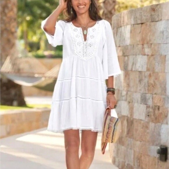 Sundance Dresses & Skirts - Sundance Dress White Women Size M Cotton Sahara Gauze Embroidered Beaded BoHo